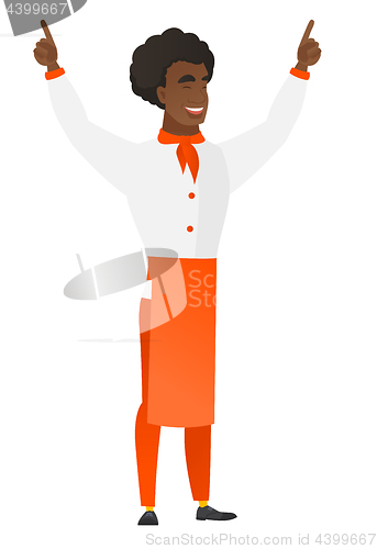 Image of Chef cook standing with raised arms up.
