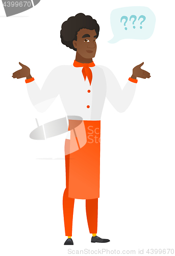 Image of African confused chef cook with spread arms.