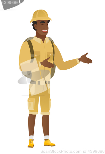 Image of Young african-american happy traveler gesturing.