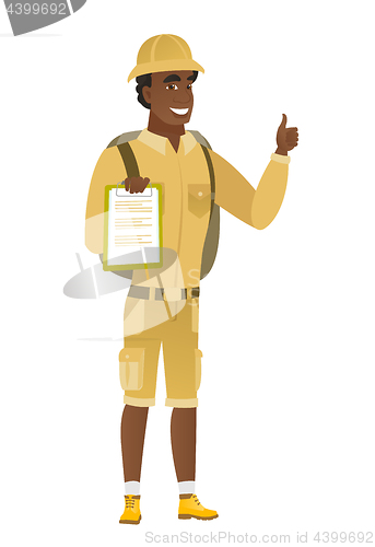 Image of Traveler with clipboard giving thumb up.