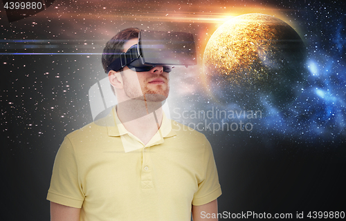 Image of man in virtual reality headset or 3d glasses