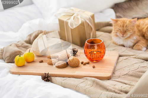 Image of oatmeal cookies, christmas gift and candle in bed