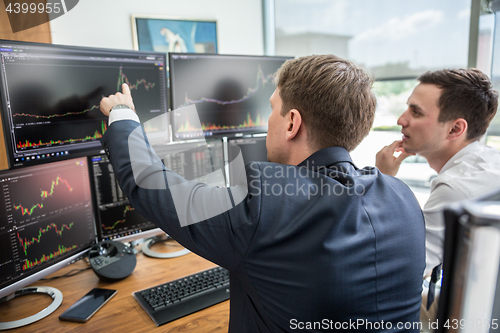 Image of Stock brokers looking at computer screens, trading online.