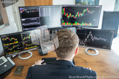 Image of Over the shoulder view of stock broker trading online.