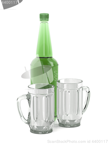 Image of Big beer bottle and two mugs