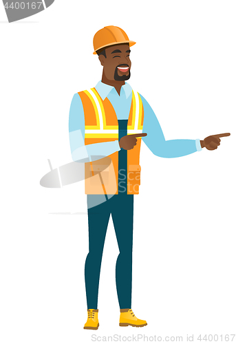 Image of African-american builder pointing to the side.