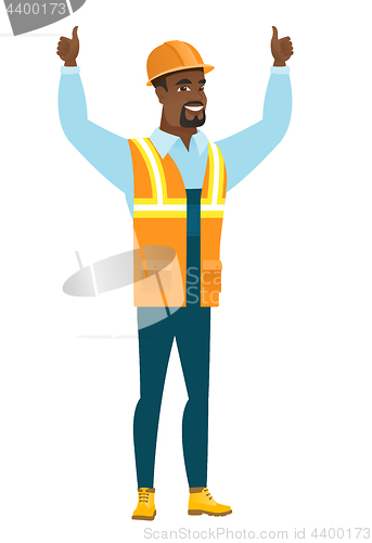 Image of Builder standing with raised arms up.