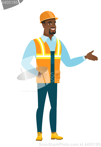 Image of Builder with arm out in a welcoming gesture.