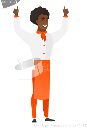 Image of Chef cook standing with raised arms up.