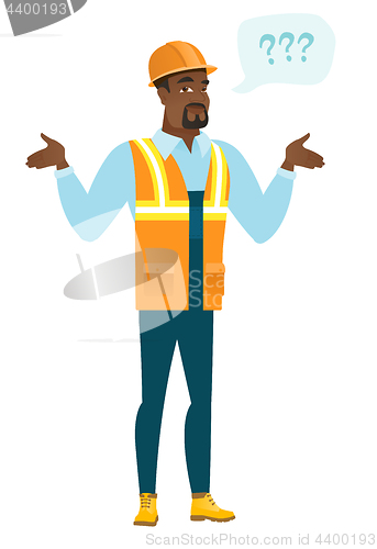 Image of African-american confused builder with spread arms