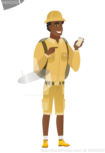 Image of African-american traveler holding a mobile phone.