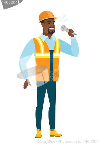 Image of African-american builder singing to the microphone