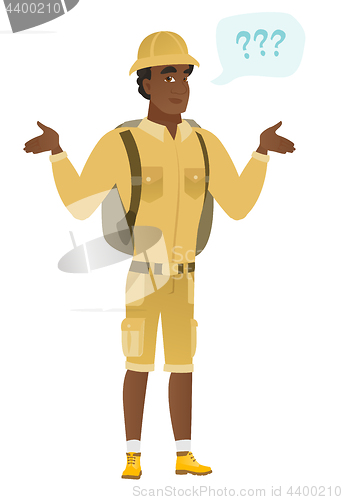 Image of African confused traveler with spread arms.