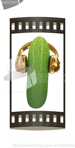 Image of cucumber with headphones on a white background. 3d illustration.