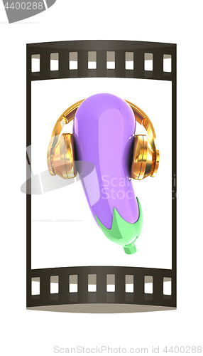 Image of eggplant with headphones on a white background. Eggplant for far