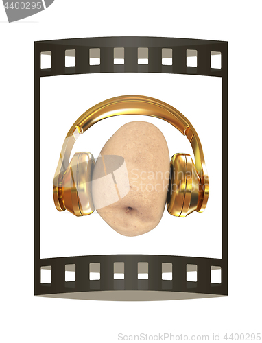 Image of potato with headphones on a white background. 3d illustration. T