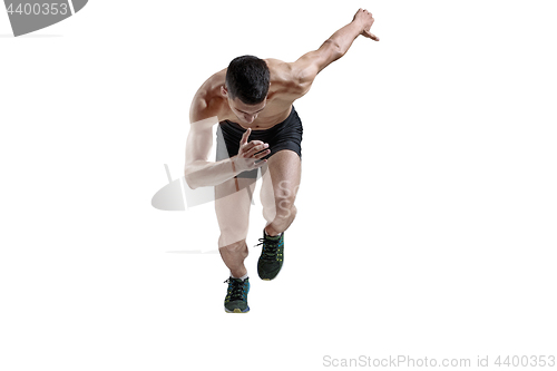 Image of The studio shot of high jump athlete is in action