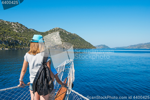 Image of Young women with her son in cruise ship