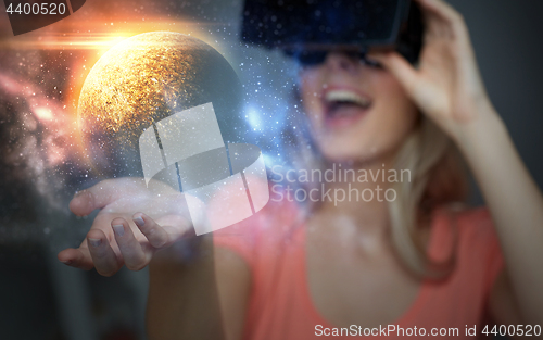 Image of woman in virtual reality headset or 3d glasses