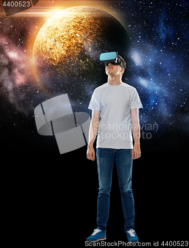 Image of man in virtual reality headset or 3d glasses