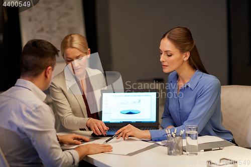 Image of business team with laptop working late at office