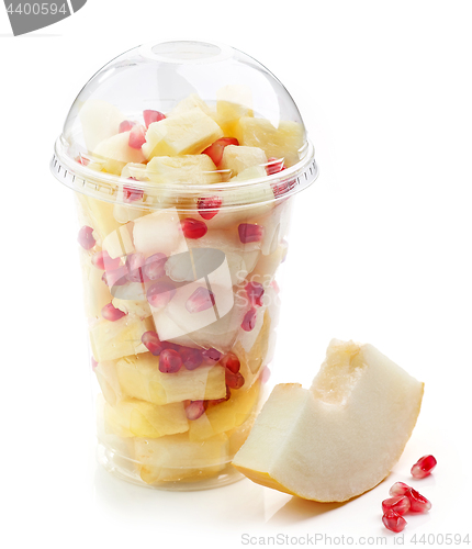 Image of fresh fruit pieces salad in plastic cup