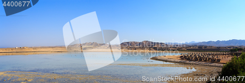 Image of Beach sun parasol and blue sky, holliday in Egypt