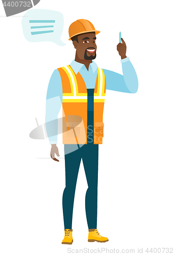 Image of Young african-american builder with speech bubble.