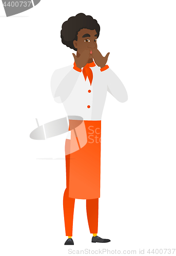 Image of Shoked african-american chef cook covering mouth.