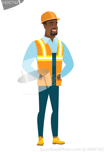 Image of Young african-american builder laughing.