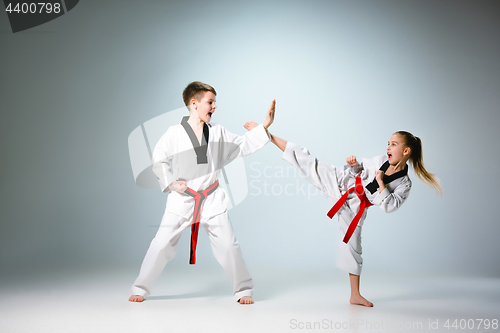 Image of The studio shot of group of kids training karate martial arts