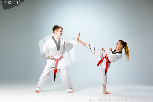 Image of The studio shot of group of kids training karate martial arts