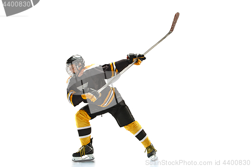 Image of one caucasian man hockey player in studio silhouette isolated on white background