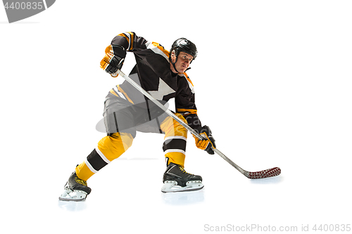 Image of one caucasian man hockey player in studio silhouette isolated on white background