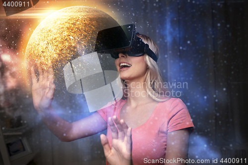 Image of woman in virtual reality headset or 3d glasses