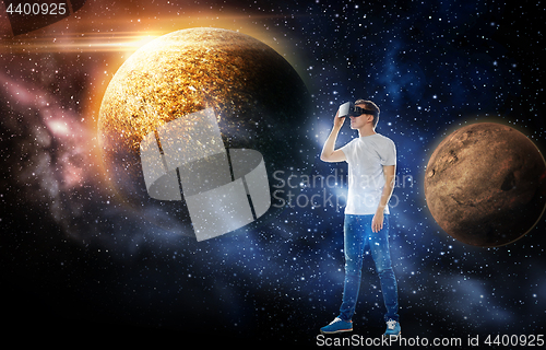 Image of man in virtual reality headset or 3d glasses