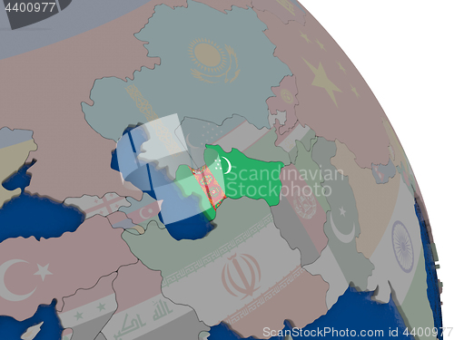 Image of Turkmenistan with flag on globe