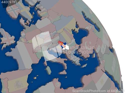 Image of Serbia with flag on globe