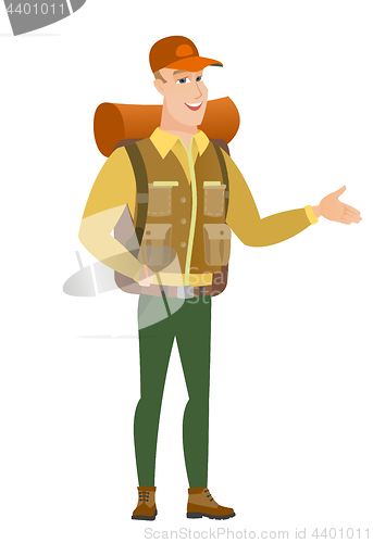 Image of Traveler with arm out in a welcoming gesture.