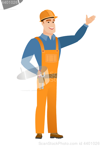 Image of Caucasian builder showing a direction.