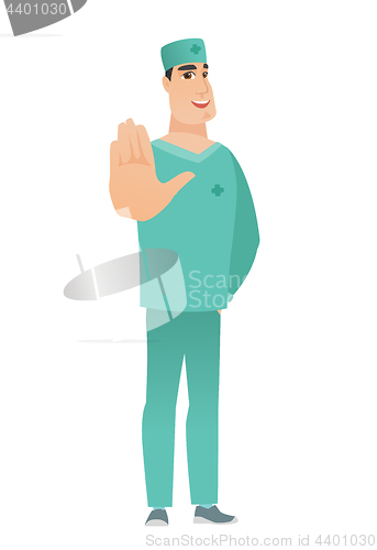Image of Caucasian doctor showing palm hand.