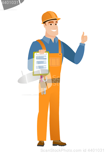 Image of Builder with clipboard giving thumb up.