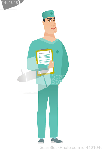 Image of Surgeon holding clipboard with papers.