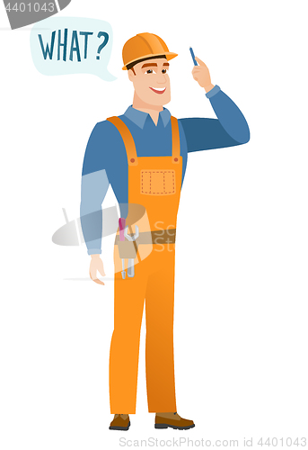 Image of Builder with question what in speech bubble.