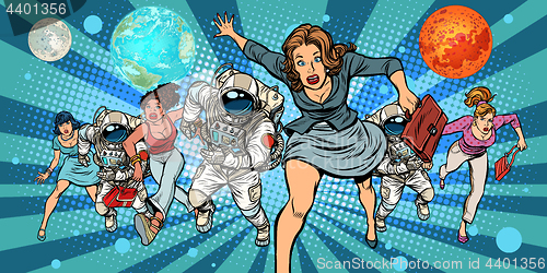 Image of women and astronauts running into the future in space
