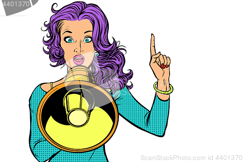 Image of woman with megaphone, isolated on white background