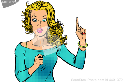 Image of woman pointing finger up isolate on white background