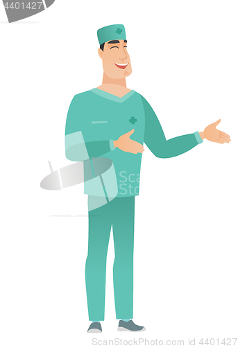 Image of Young caucasian happy doctor gesturing.