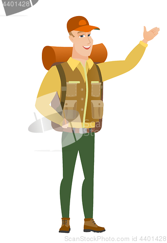 Image of Caucasian traveler showing a direction.