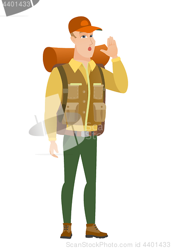 Image of Caucasian traveler calling for help.